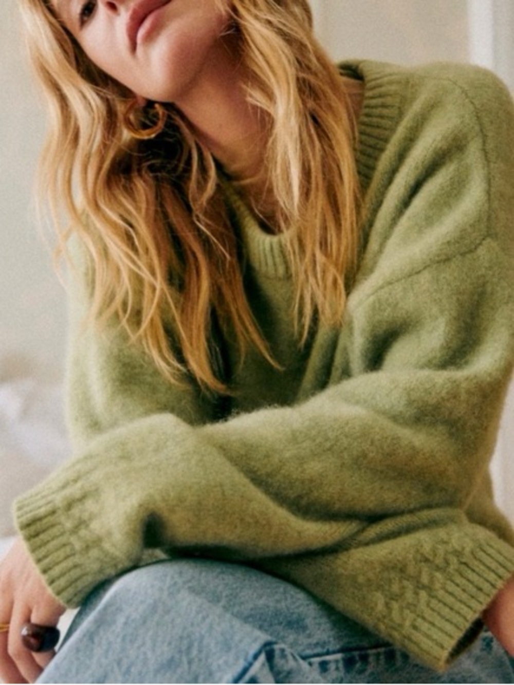 Sézane Olive Green Fuzzy Crewneck Sweater